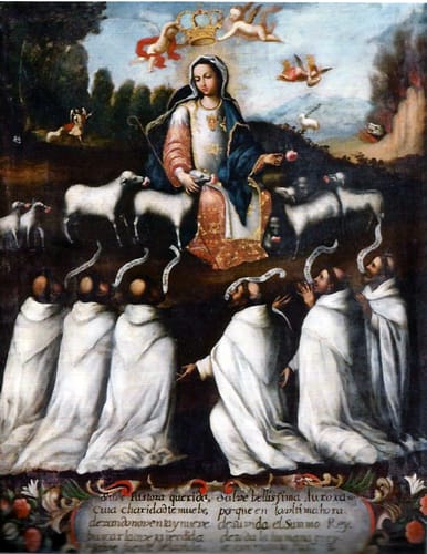13531 anonimo divina pastora con mercedarios xviii ec